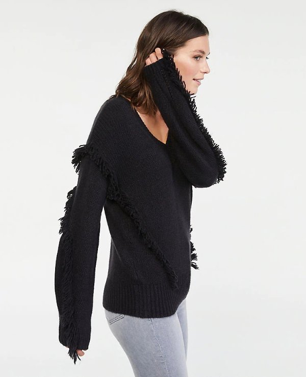 Fringe Sleeve V-Neck Sweater | Ann Taylor