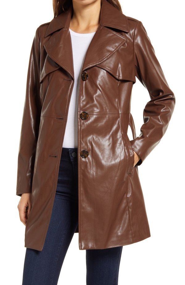 Faux Leather Belted Trench Coat