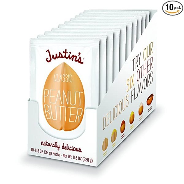 Justin's Classic Peanut Butter Squeeze Packs, Only Two Ingredients, Gluten-free, Non-GMO, Responsibly Sourced, Pack of 10 (1.15oz each)