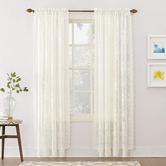 Alison Floral Lace Sheer Rod Pocket Curtain Panel, 58" x 84", Ivory