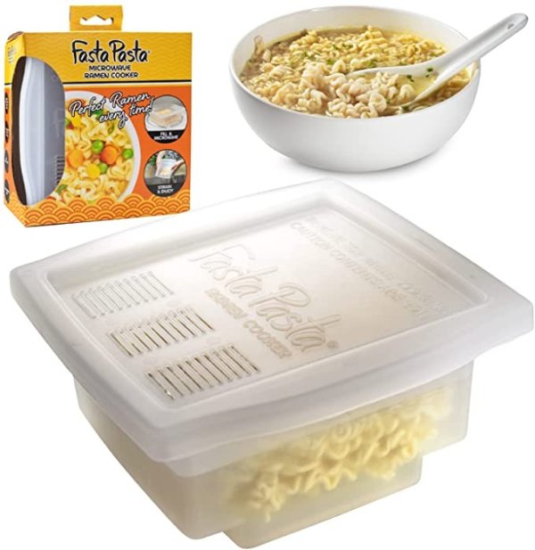 Fasta Pasta Microwave Ramen Noodle Cooker - No Mess, Sticking or Waiting For Boil - Patented Design Makes Perfect Noodles Every Time