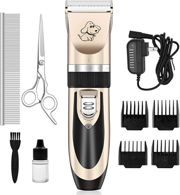 Maxshop Dog Grooming Kit, Low Noise Rechargeable Dogs Shaver Clippers Electric Quiet Dog Hair Trimmer for Dogs and Cats with Comb Guides Scissors Nail Kits