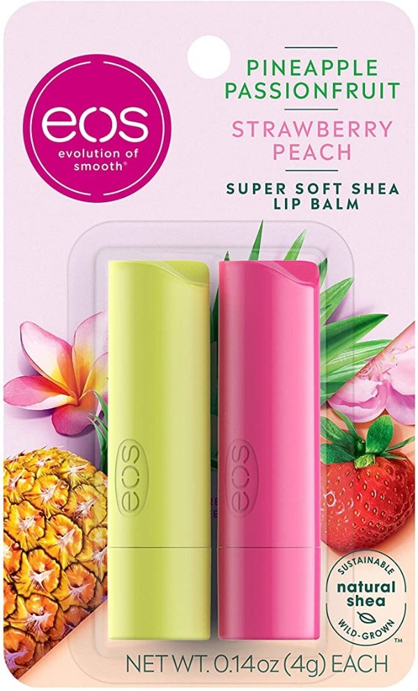 eos Super Soft Shea Stick Lip Balm - Strawberry Peach and Pineapple Passionfruit | Deeply Hydrates and Seals in Moisture | Sustainably-Sourced Ingredients | 0.14 oz | 2-Pack