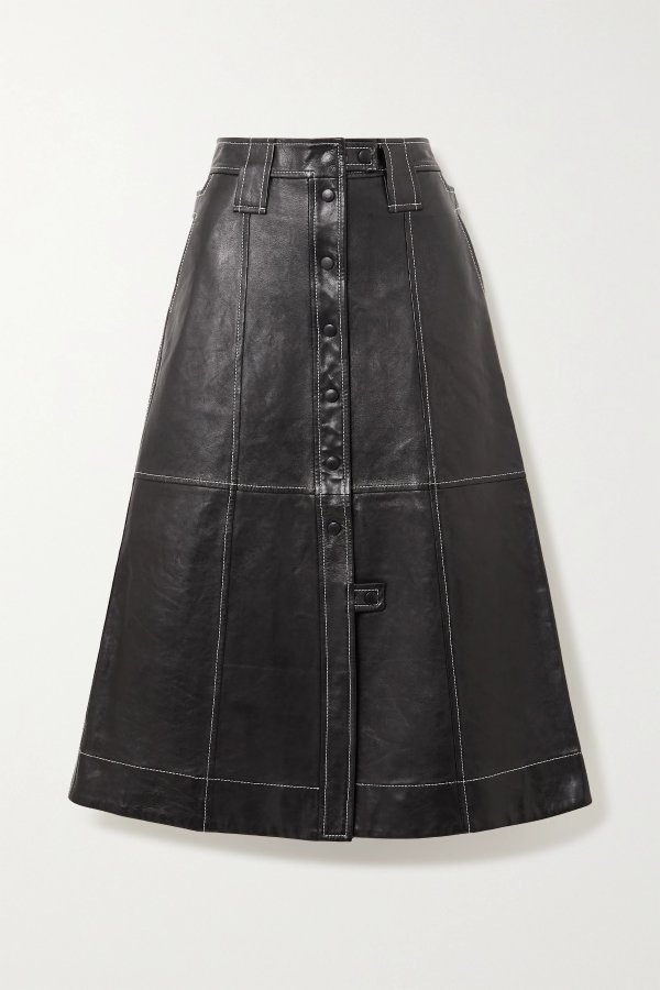 Topstitched leather midi skirt