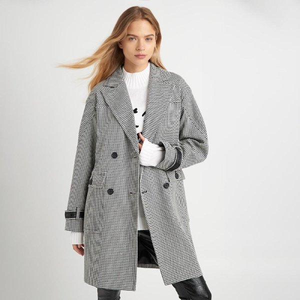 DOUBLE-BREASTED TWILL HOUNDSTOOTH COAT