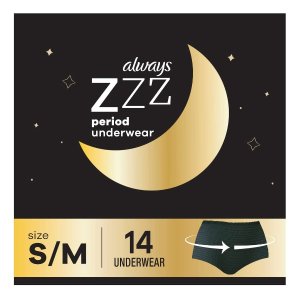 Always Zzzs Overnight Disposable Period Underwear For Women, Size Small/Medium, Black Period Panties, Leakproof, 7 Count x 2 Packs (14 Count total)