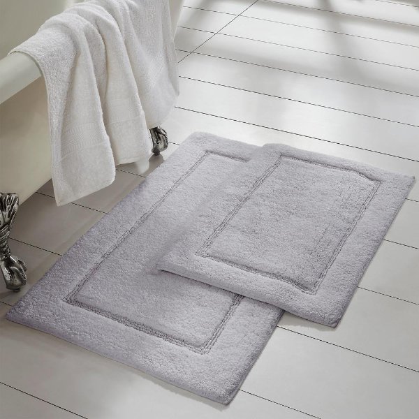 2-Pack Solid Loop Cotton 21x34 inch Bath Mat Set with non-slip backing Silver