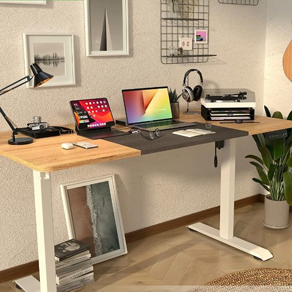 Electric Standing Desk, 55 x 28 inches Height Adjustable Desk, Ergonomic Home Office Sit Stand Up Desk with Memory Preset Controller (Natural Top/White Frame)