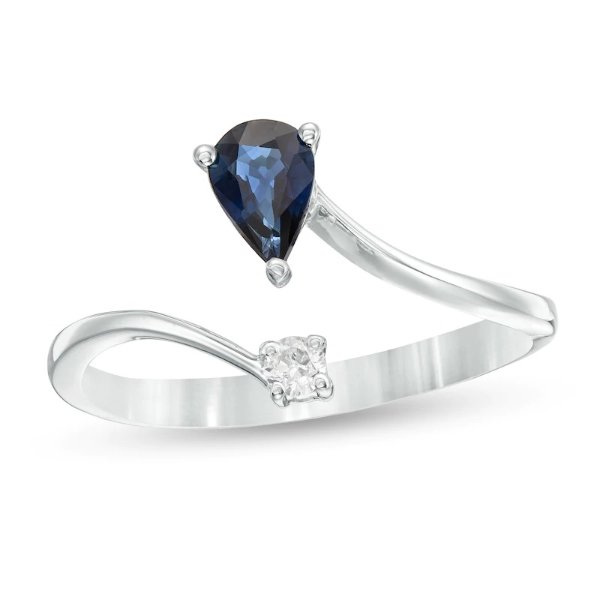 Pear-Shaped Blue Sapphire and 1/20 CT. T.W. Diamond Open Shank Ring in 10K White Gold - Size 7|Zales