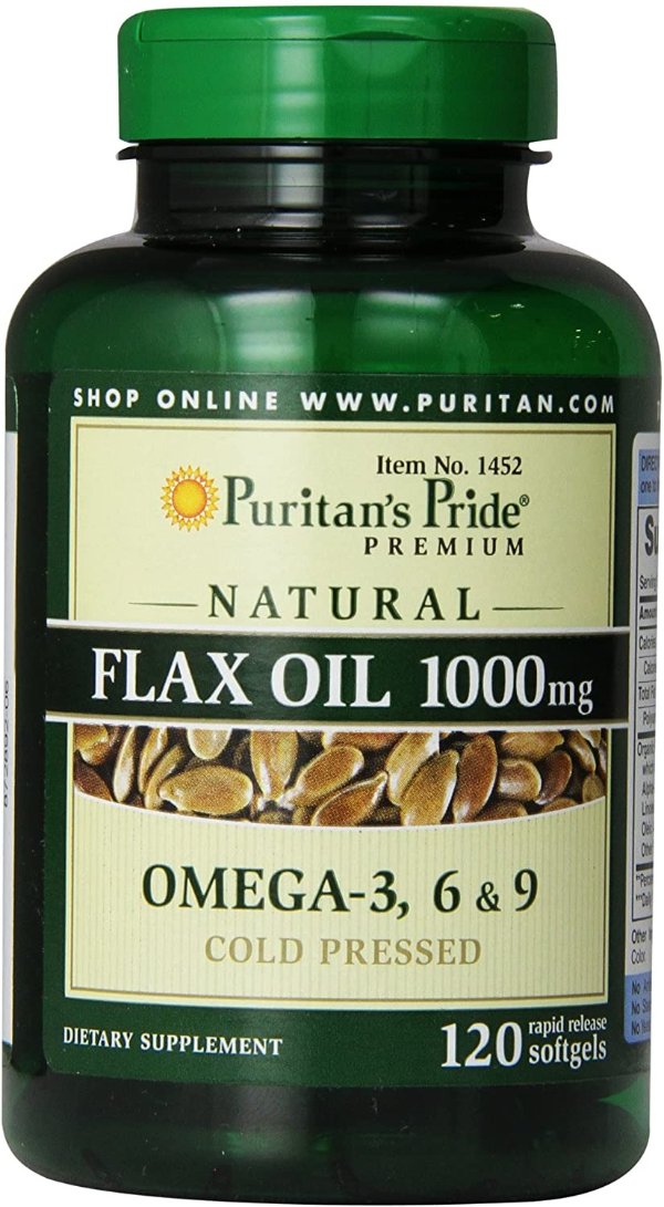 Puritan's Pride 普丽普莱 软胶囊，优质天然亚麻油 1000 毫克 Omega-3，6和9 冷压，120 粒