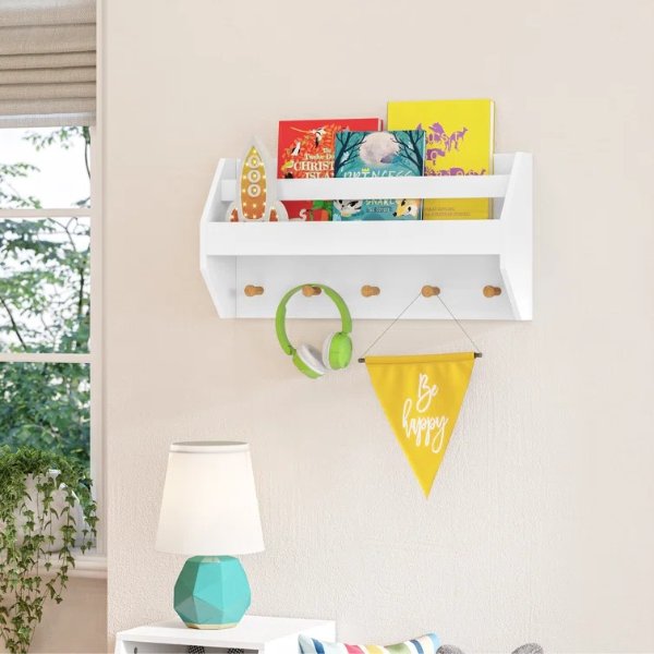 Catch-All Kids Wall Shelf with Bookrack and Hooks - White