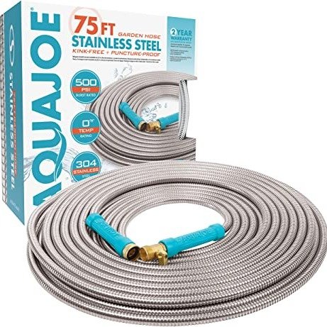 Aqua Joe AJSGH75-MAX 1/2-Inch Heavy-Duty, Puncture Proof Kink-Free, Garden Hose w/ Brass Fitting & On/Off Valve, Spiral Constructed 304-Stainless Steel Metal, 75-Foot