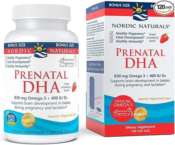 Prenatal DHA, Strawberry - 120 Soft Gels - 830 mg Omega-3 + 400 IU Vitamin D3 - Supports Brain Development in Babies During Pregnancy & Lactation - Non-GMO - 60 Servings