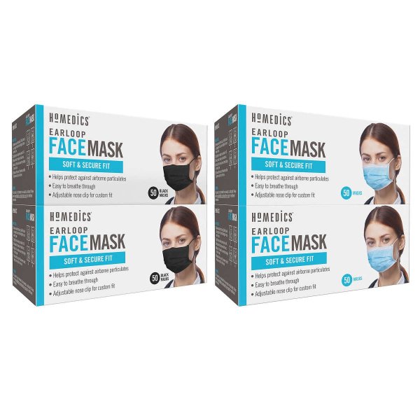 HoMedics Earloop Style General Use Face Mask, 100 Disposable Masks