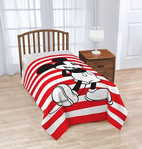 Disney Mickey Mouse Jersey Stripe Red/White Plush 62" x 90" Twin Blanket (Official Disney Product)