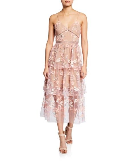 Floral-Embellished Tiered Midi Dress