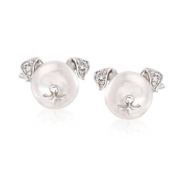 8-8.5mm Cultured Pearl Dog Earrings with Diamond Accents in Sterling Silver | Ross-Simons