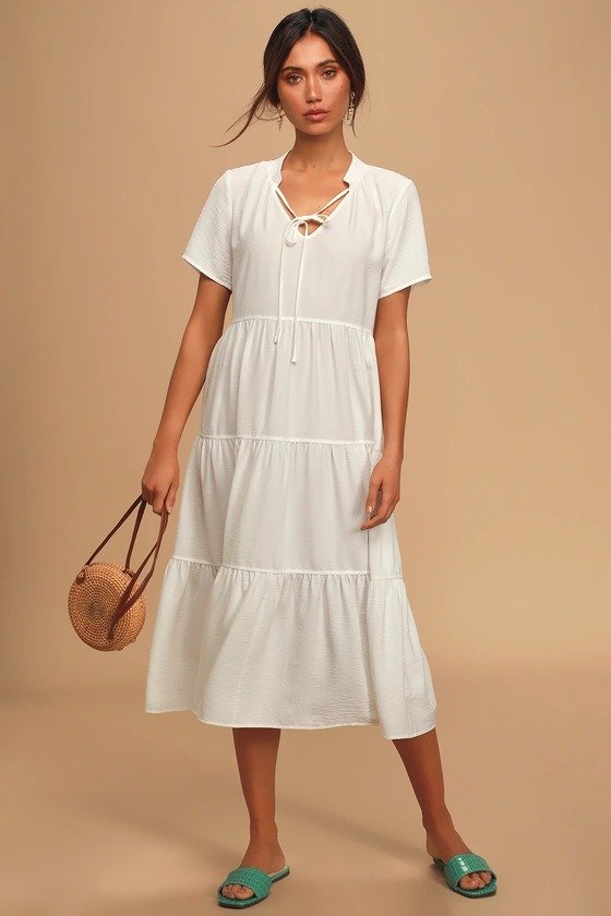 Lovely to Meet You White Short Sleeve Tiered Midi Dress