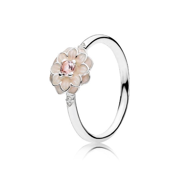 Blooming Dahlia Ring, Cream Enamel, Clear CZ & Blush Pink Crystals