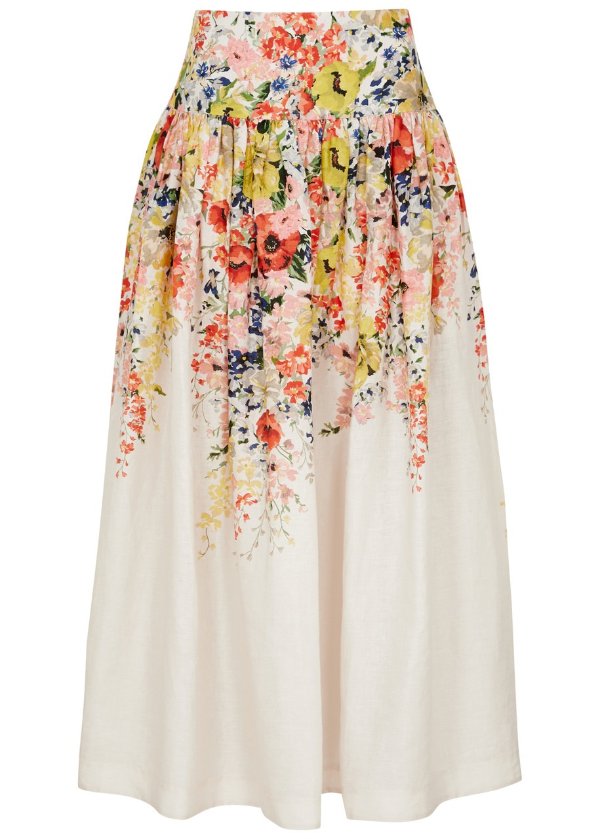 Alight floral-print linen midi skirt