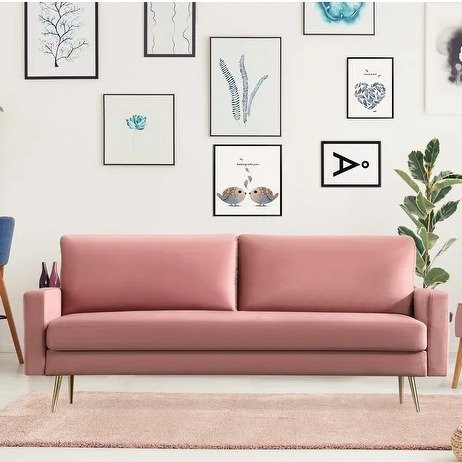 Square Arms Upholstered Fabric Sofa with Pillows - Pink