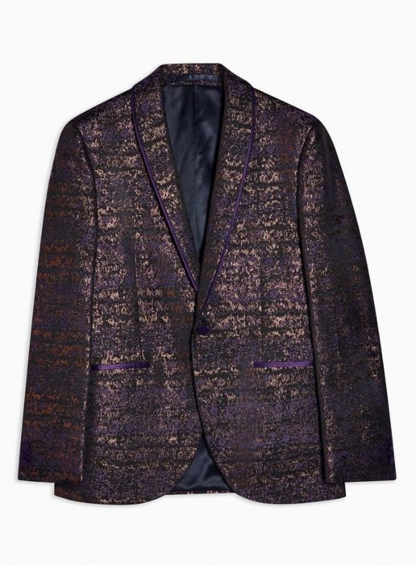 Purple Jacquard Skinny Fit Suit Blazer With Shawl Lapel