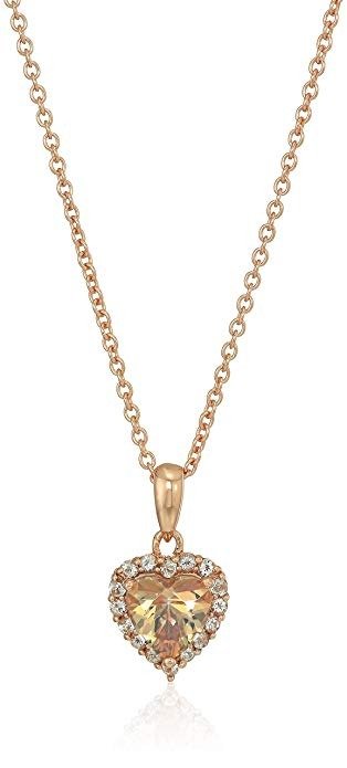 Womens Rose Gold Plated Sterling Silver Swarovski Zirconia Heart Misty Rose Topaz Halo Pendant Necklace with Cable Chain 16'', 17'', 18'', Expandable
