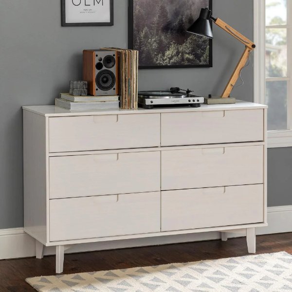 6-Drawer White Groove Handle Wood Dresser
