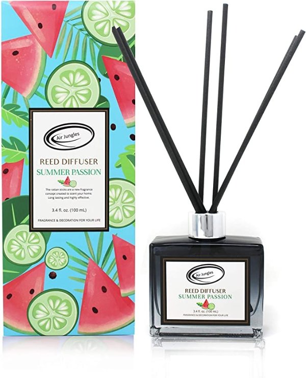 Air Jungles Summer Passion Fragrances Reed Diffuser Set with Sticks, Watermelon and Lime Scent Incense Oil, Essential Oil Air Freshener for Home, Office, Gym, and Room Diffuser, 3.4 fl. oz
