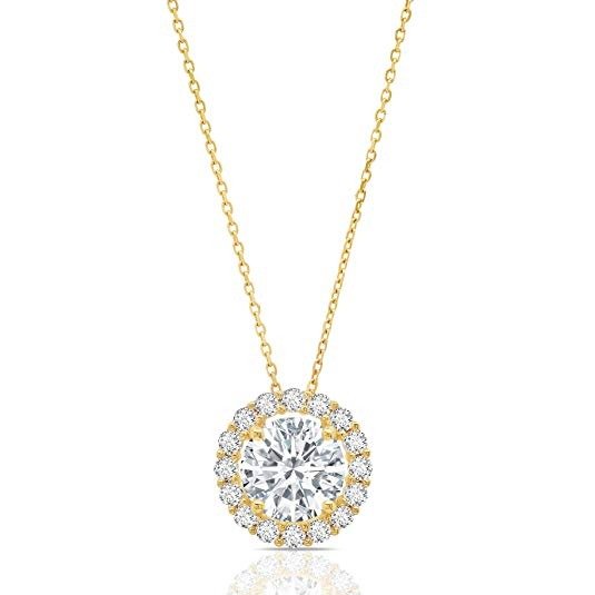 14k Solid White or Yellow Gold Halo Pendant Necklace with Genuine Swarovski Zirconia and 18+2" Extender Chain