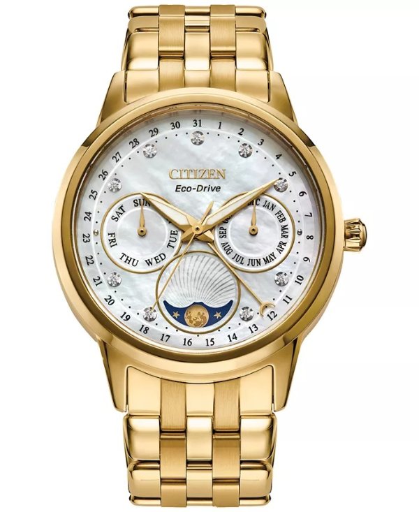 Eco-Drive Women's Calendrier Diamond-Accent Gold-Tone Stainless Steel Bracelet Watch 37mm