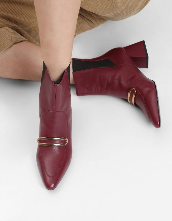 Red Metal Accent Leather Boots | CHARLES & KEITH