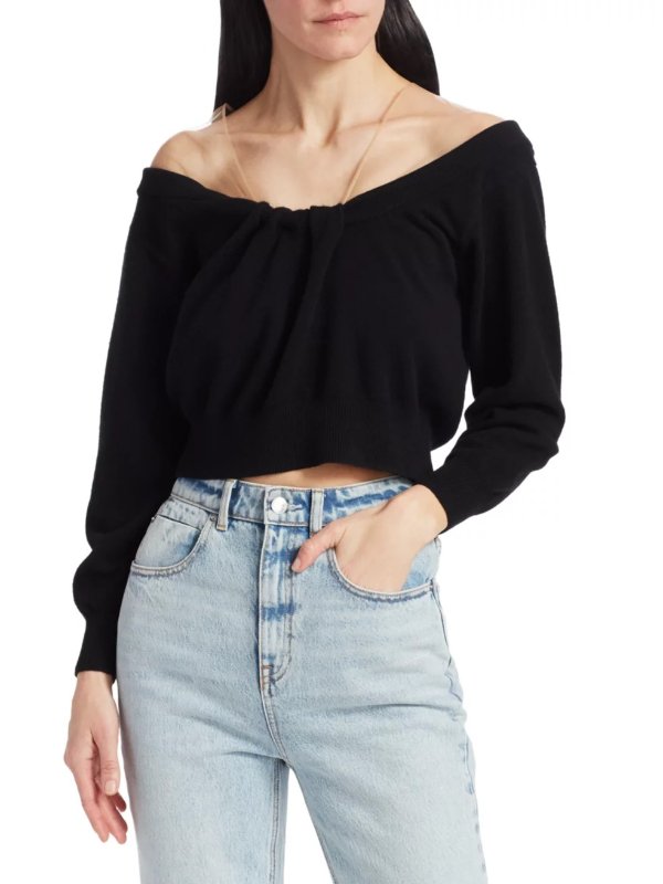 - Cropped Off-The-Shoulder Wool-Blend Sweater