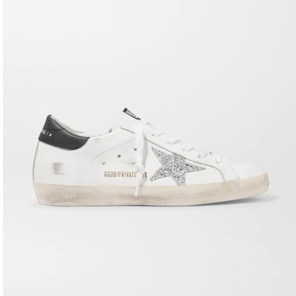 Superstar distressed glittered leather sneakers