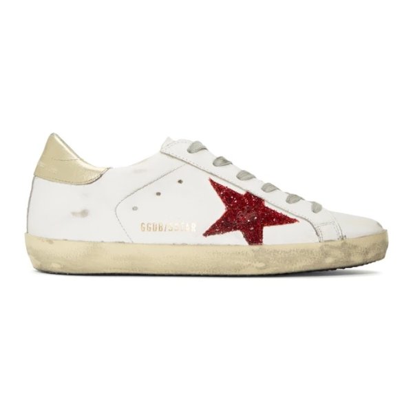 - White & Red Glitter Superstar Sneakers