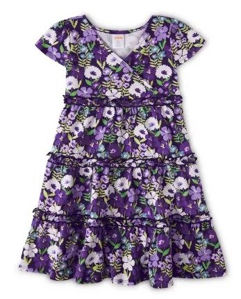 Girls Short Sleeve Violet Floral Print Knit Faux Wrap Dress - Whooo's Cute | Gymboree