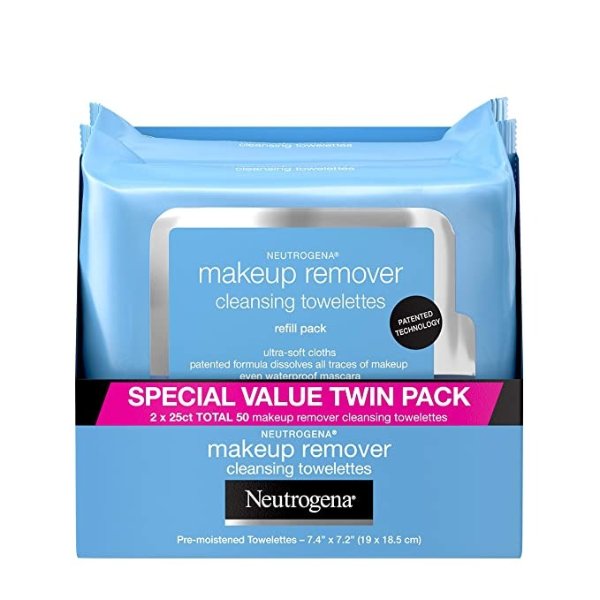 Makeup Remover Cleansing Face Wipes, Daily Cleansing Facial Towelettes to Remove Waterproof Makeup and Mascara, Alcohol-Free, Value Twin Pack, 25 Count, 2 Pack