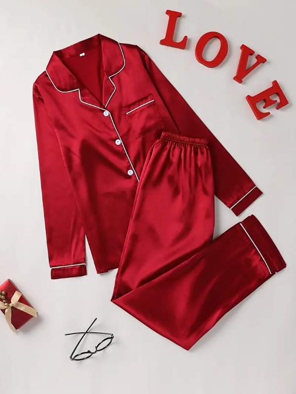 Solid Pajama Set, Long Sleeve Button Up Lapel Top & Pants Pj Set, Women's Sleepwear & Loungewear