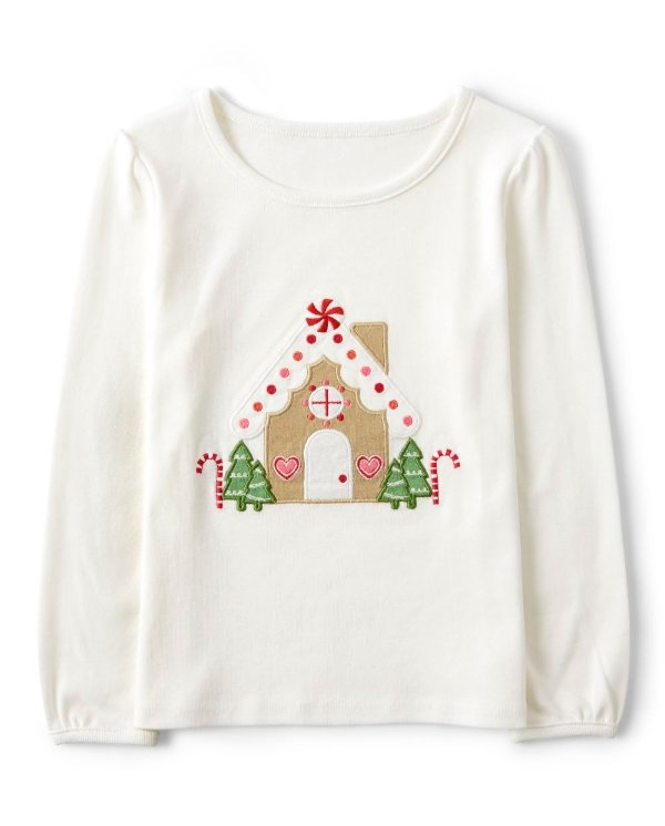 Girls Long Sleeve Embroidered Gingerbread House Top - Winter Wonderland