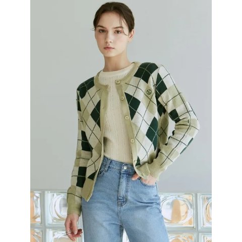 YAN13Argyle Knit Cardigan_Olive