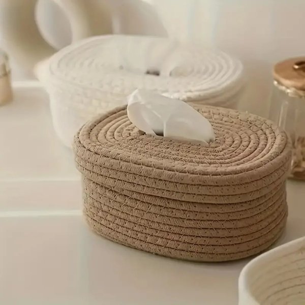 1pc Cotton Rope Tissue Box Small Storage Box, Oval Wipes Box Mask Box Storage Basket Suitable For Bedroom Living Room Office