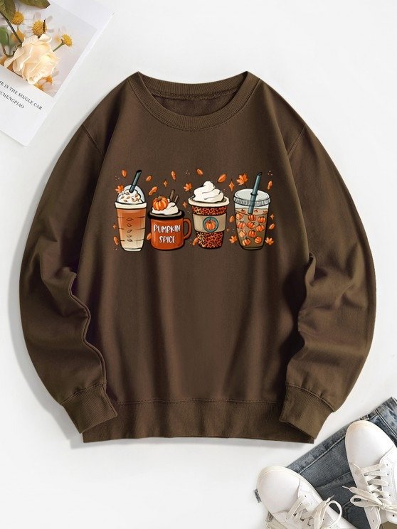 Halloween Pumpkin Cups Graphic Sweatshirt DEEP COFFEE