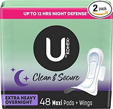Clean & Secure Overnight Maxi Pads with Wings, Extra Heavy Absorbency, 48 Count (2 Packs of 24)