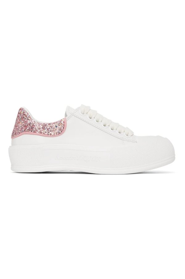 White & Pink Deck Lace-Up Plimsoll Sneakers