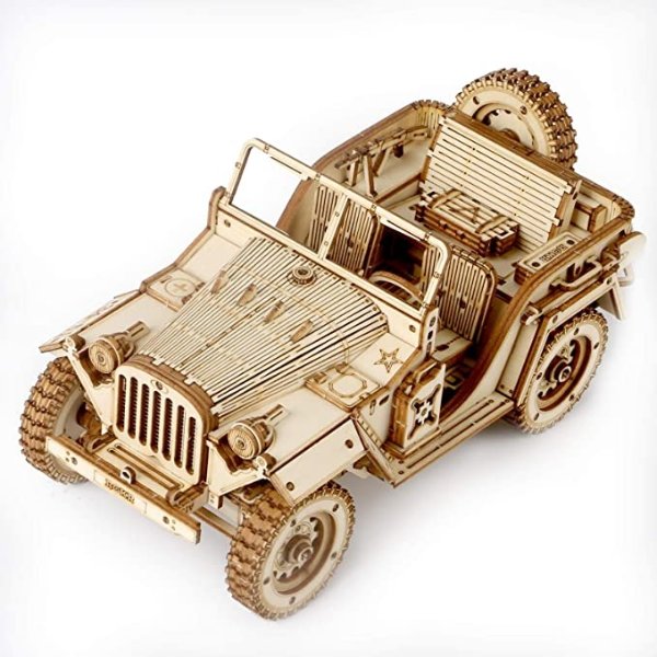 Car Model Kits 3D Puzzles for Adults and Teens DIY Wooden Crafts No Batteries 1:18 Scale Model Army Field Car