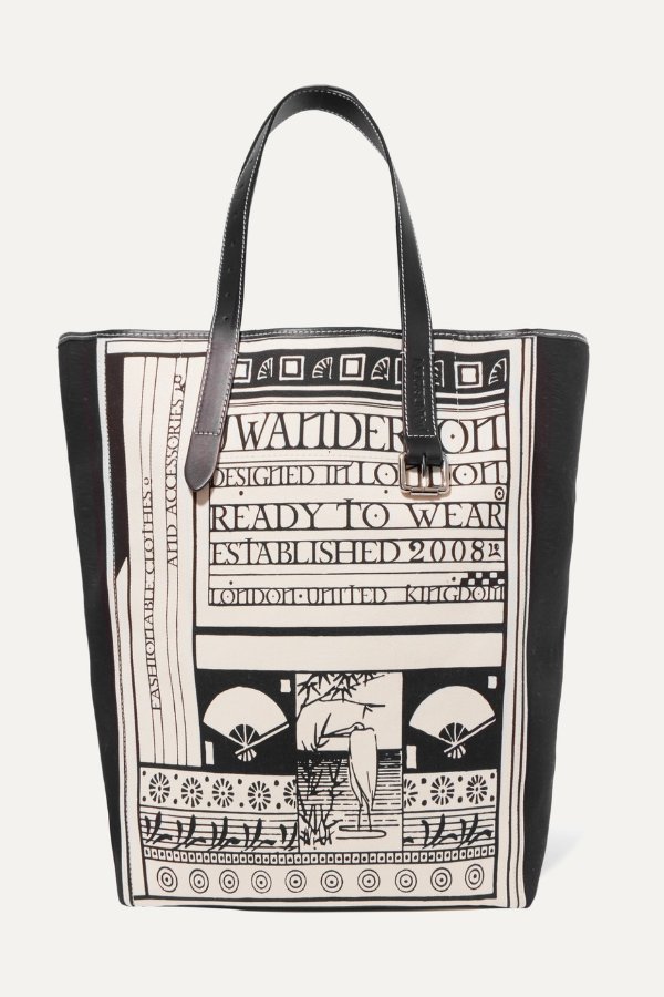 Leather-trimmed printed canvas tote