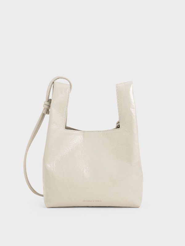 Beige Patent Square Handle Tote Bag | CHARLES &amp; KEITH
