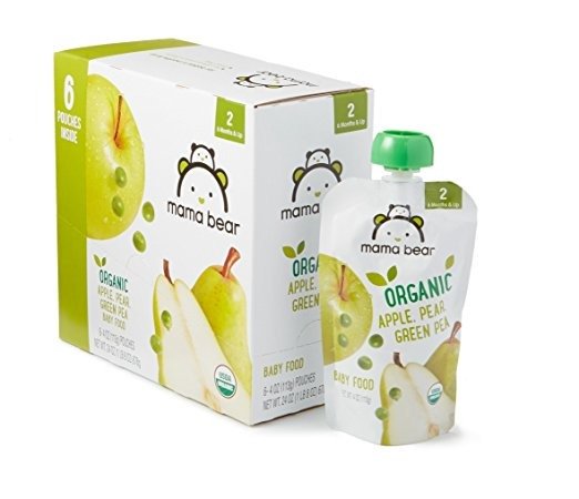Amazon Brand - Mama Bear Organic Baby Food, Stage 2, Apple Pear Green Pea, 4 Ounce Pouch (Pack of 12)