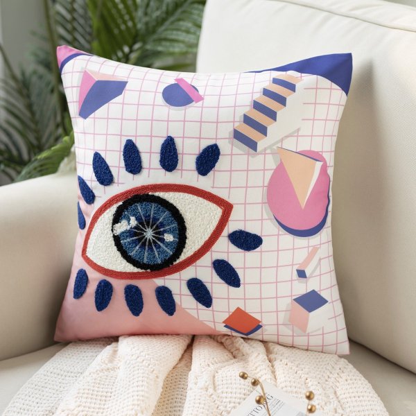 Kids Pillow Embroidered Eye Soft Print Series Decorative Square Throw Pillow, 18" x 18", Pink, 1 Pack
