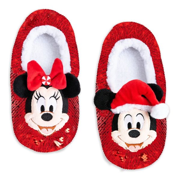 Mickey and Minnie Mouse Reversible Sequins Holiday Slippers for Adults | shopDisney